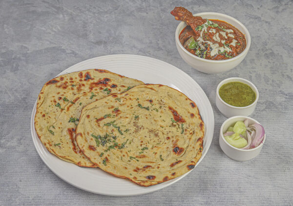 Kadai Chicken [4 pcs] and Laccha Paratha [2 ] with Salad and Chutney